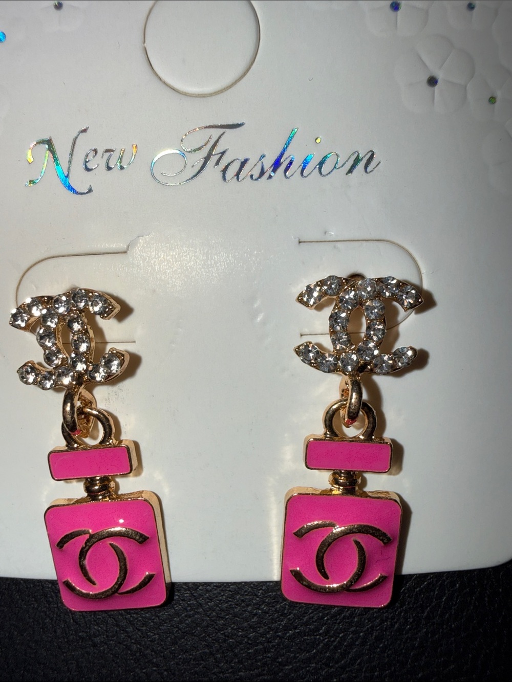 Gold-Tone Pink Logo Drop Earrings with Crystal Accents